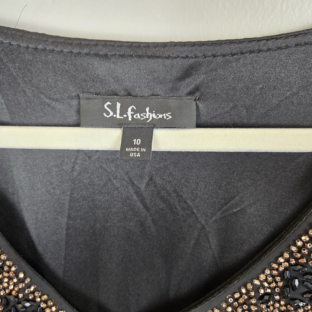 SL Fashions Black Mini Dress V Neck Copper Beads Sheer Flowy Lined GLAM SIZE 10 - Picture 4 of 7